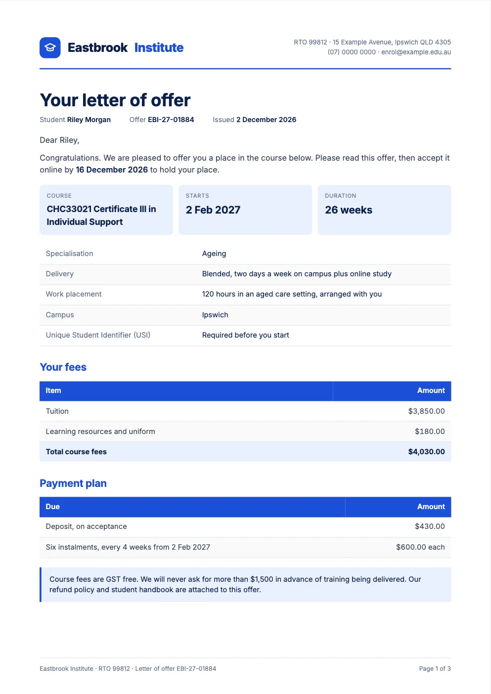 Sample letter of offer with course fees