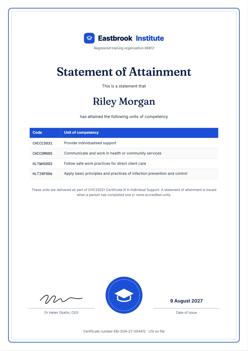 Sample statement of attainment