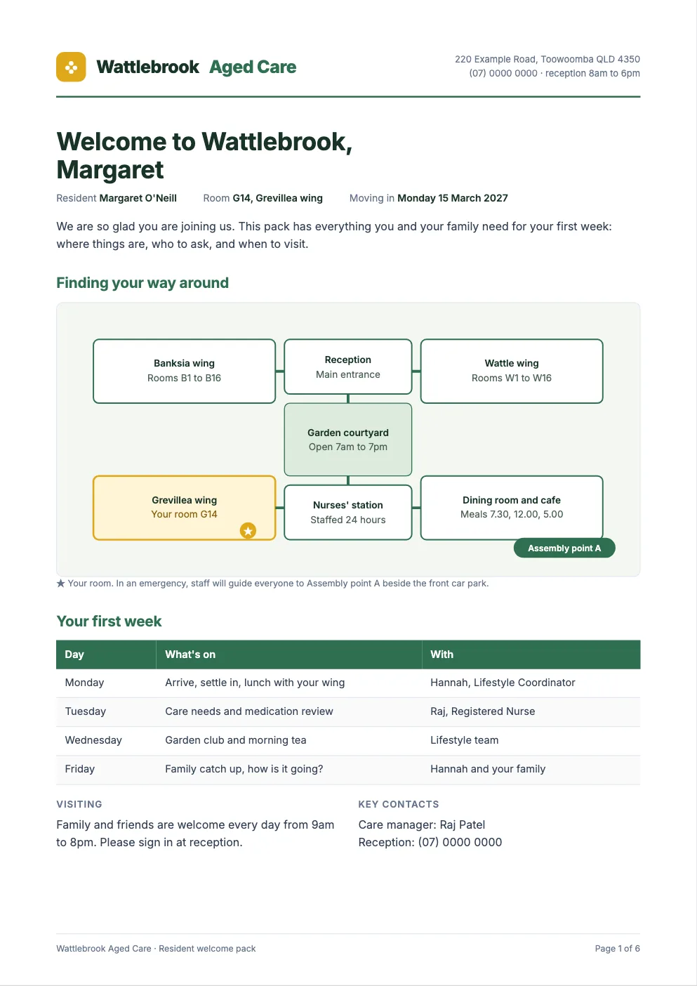 Sample resident welcome pack with a facility map