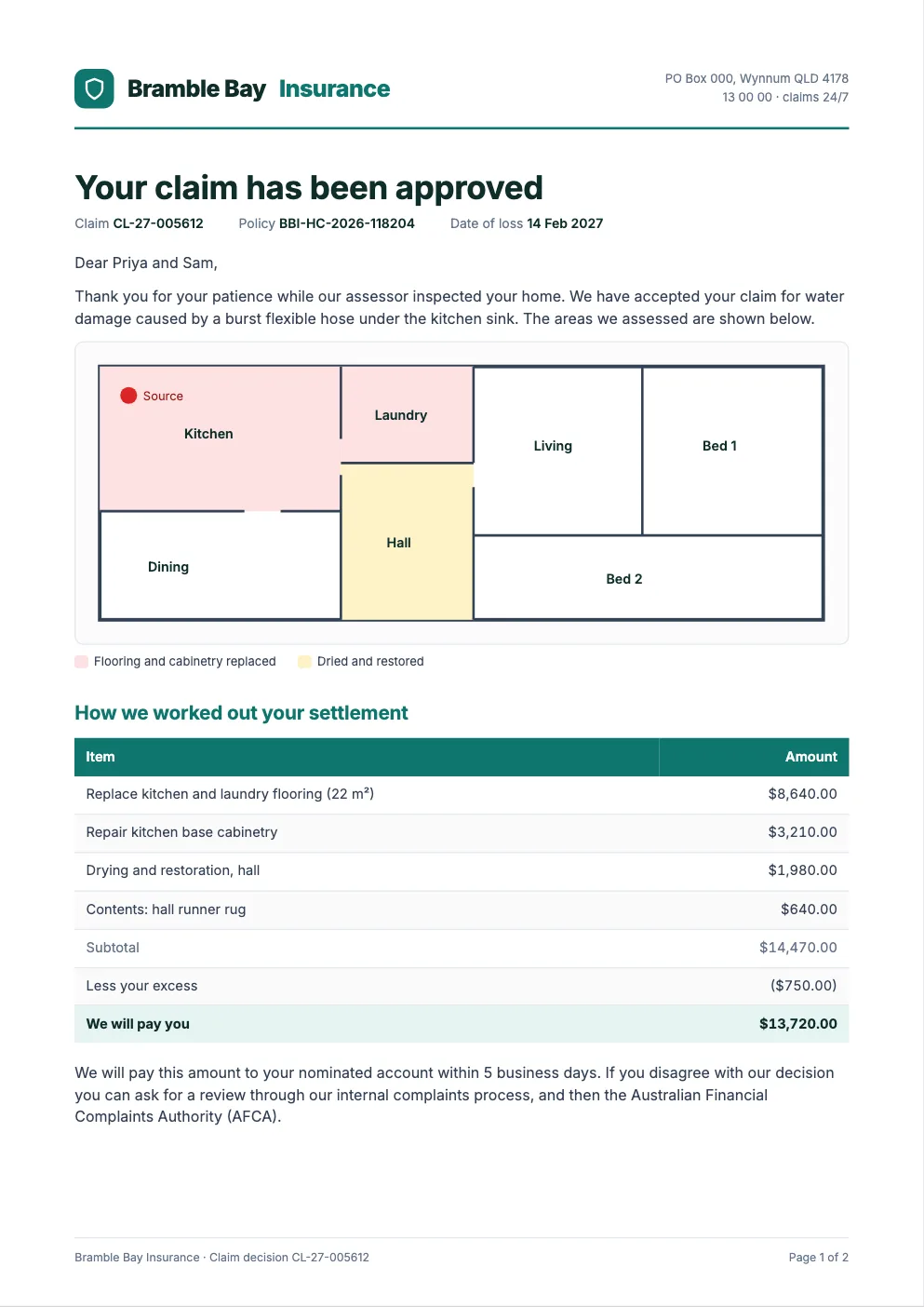 Sample claim decision letter with a floor plan of the affected rooms