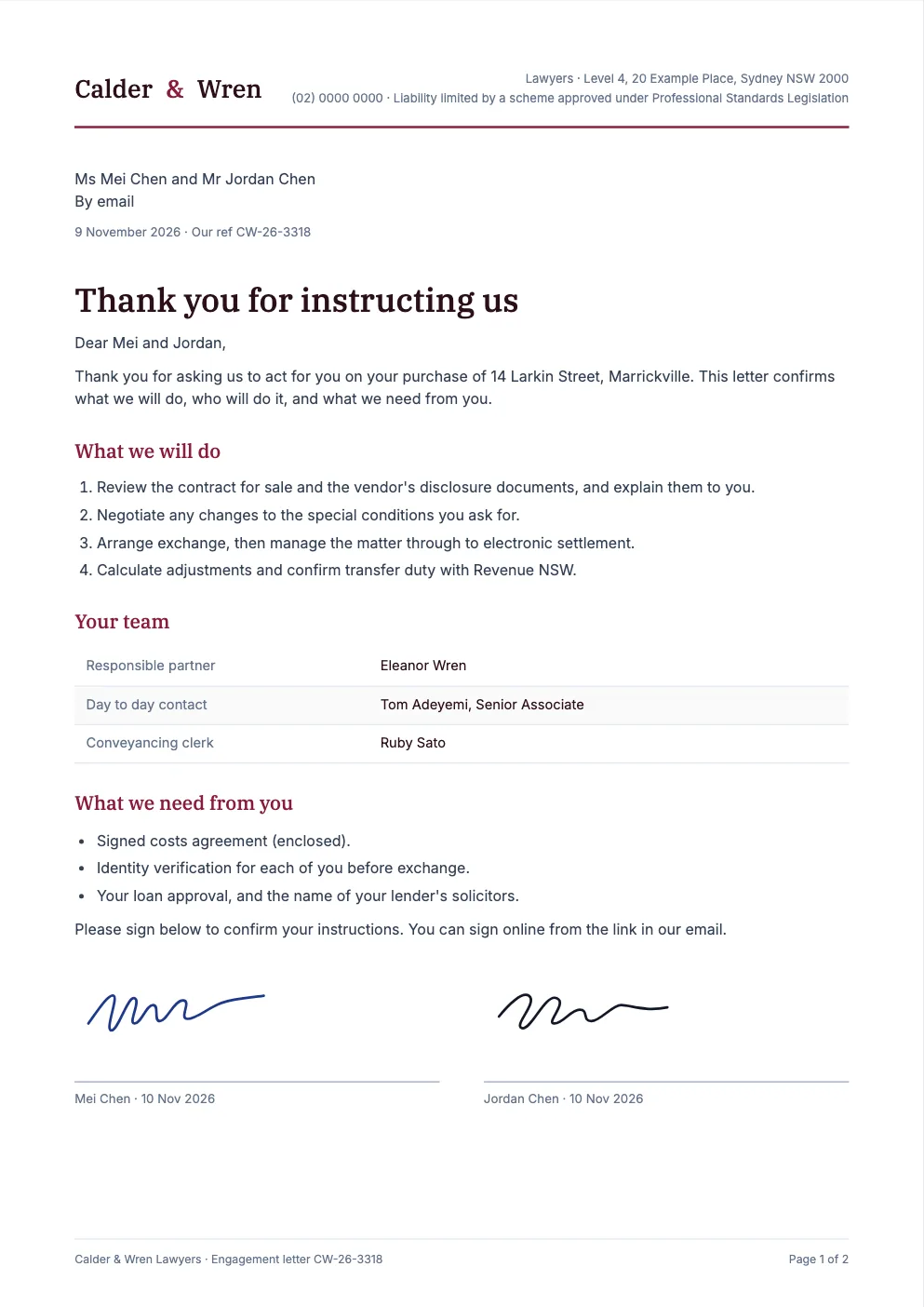 Sample engagement letter ready for signature