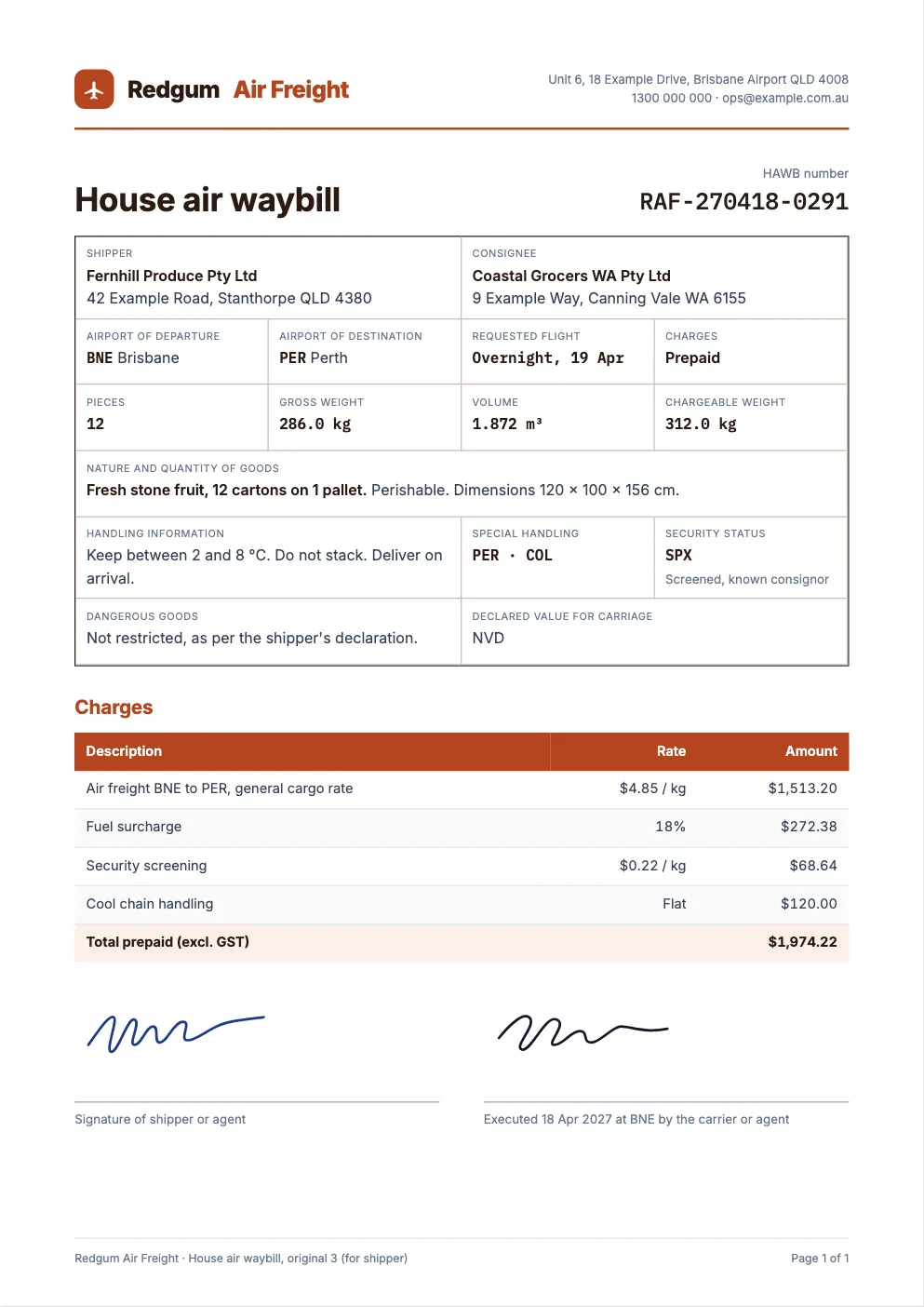 Sample house air waybill