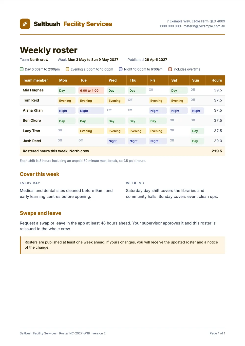 Sample weekly roster for a cleaning crew